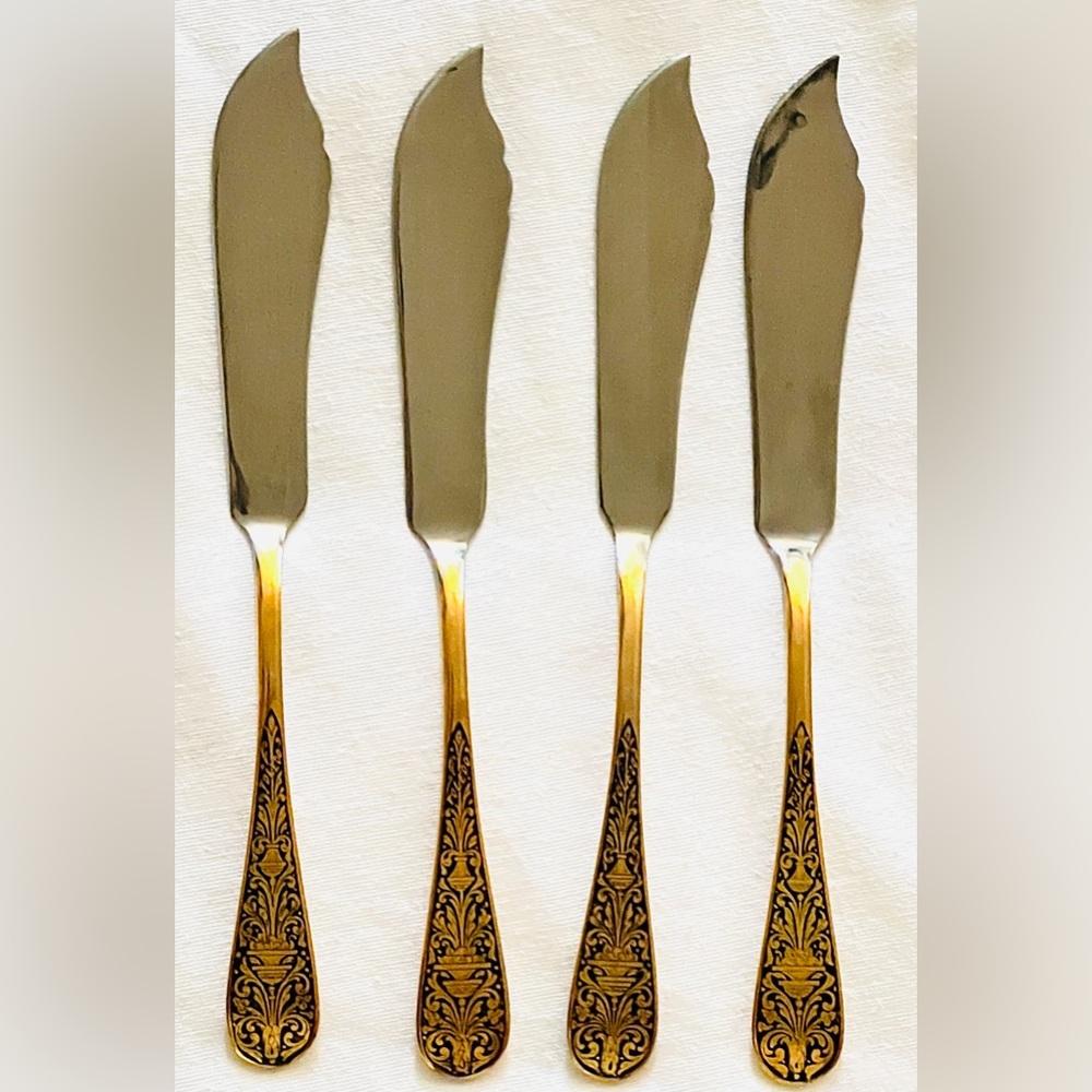 VTG Platimetal Versatile Knives Damascene Filigree Style Black & Gold Handles
